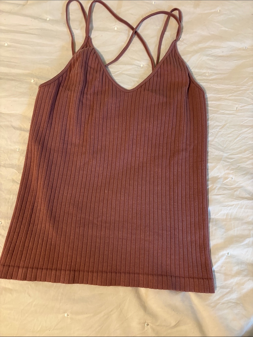 Ribbed V-Neck Strappy Tank Top - Dusty Rose